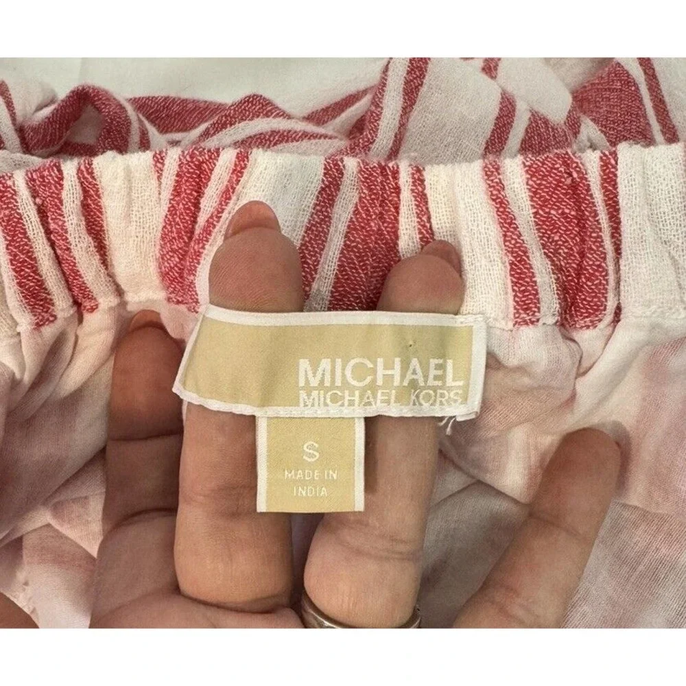 MICHAEL KORS Ruffled Off Shoulder Midi Dress Tie Belt Red Stripe‎ Size S
